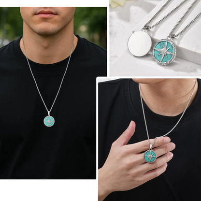 Collier Pendentif Pierre Turquoise & Boussole – Acier Inoxydable Homme