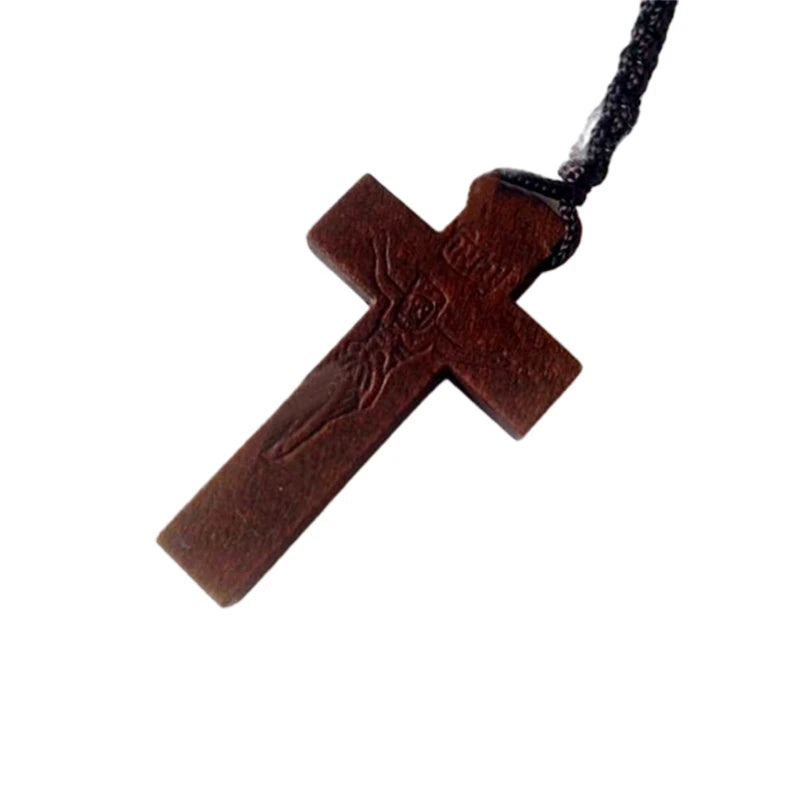 Collier chapelet en perles de bois avec croix – décoration religieuse