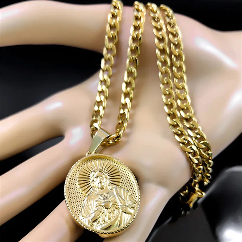 Collier Sacré-Cœur de Jésus plaqué or – médaille catholique unisexe