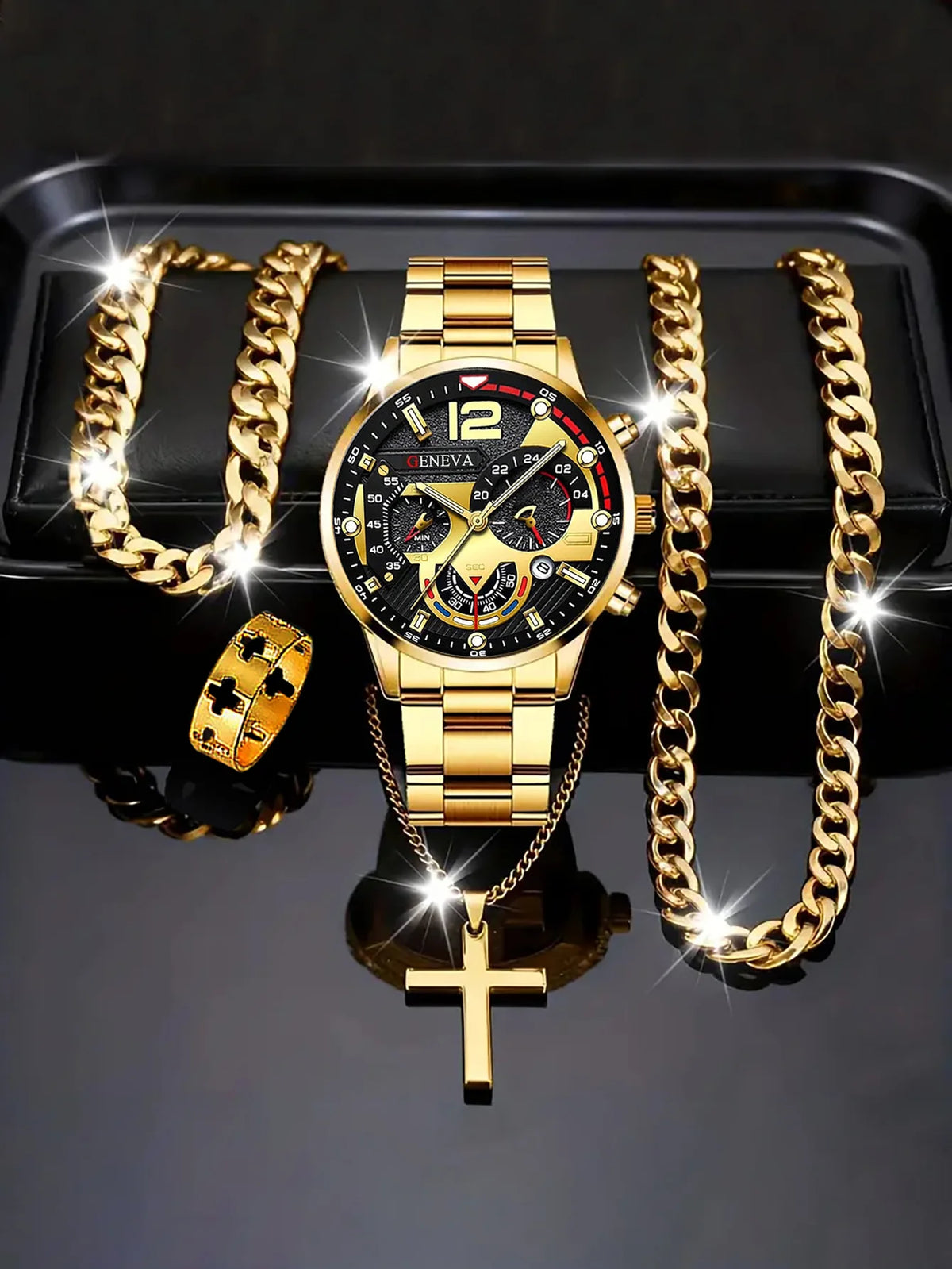 Set Orologio Uomo al Quarzo – 5 Pezzi e Gioielli