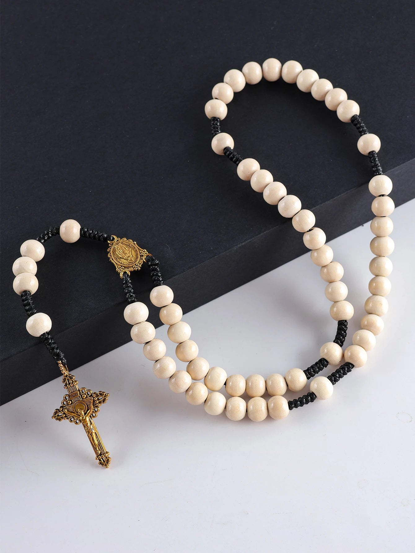 Collier Chapelet Catholique Vintage en Bois – 59 Perles 10 mm avec Croix, Fait Main