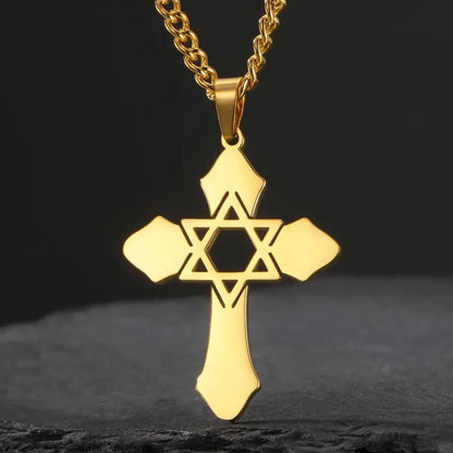 Collier Croix & Étoile de David Messianique en Acier Inoxydable
