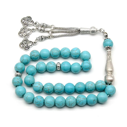 Tasbih Turquoise en Pierre Naturelle – Chapelet Musulman 33 Perles avec Pompon Métal pour Dhikr, Namaz & Méditation – Cadeau Islamique