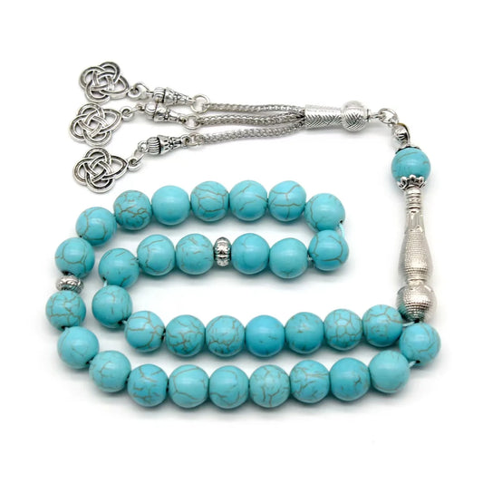 Tasbih Turquoise en Pierre Naturelle – Chapelet Musulman 33 Perles avec Pompon Métal pour Dhikr, Namaz & Méditation – Cadeau Islamique