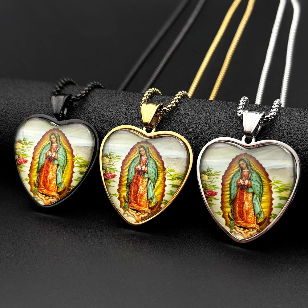 Collana Vergine di Guadalupe Cuore in Vetro – Acciaio Inossidabile 60 cm