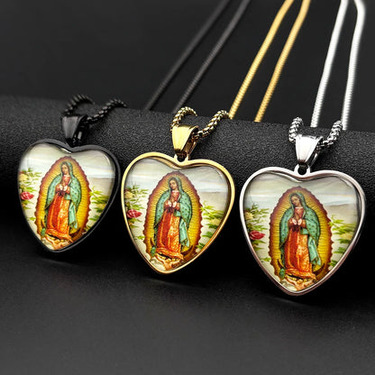 Collana Vergine di Guadalupe Cuore in Vetro – Acciaio Inossidabile 60 cm