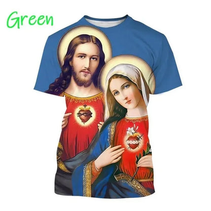 T-Shirt Vierge Marie & Jésus – Impression 3D, Unisexe, Oversize