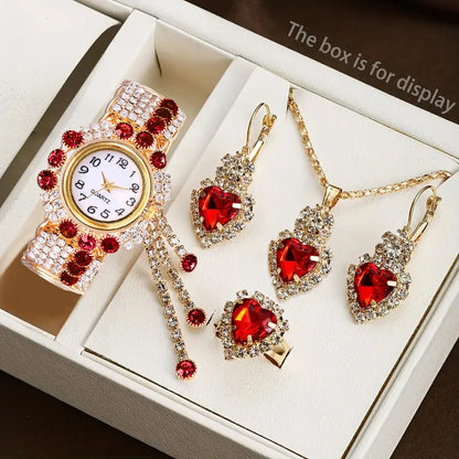 Coffret Montre Femme Strass 5 Pièces – Montre Quartz & Bijoux