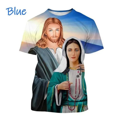 T-Shirt Vierge Marie & Jésus – Impression 3D, Unisexe, Oversize