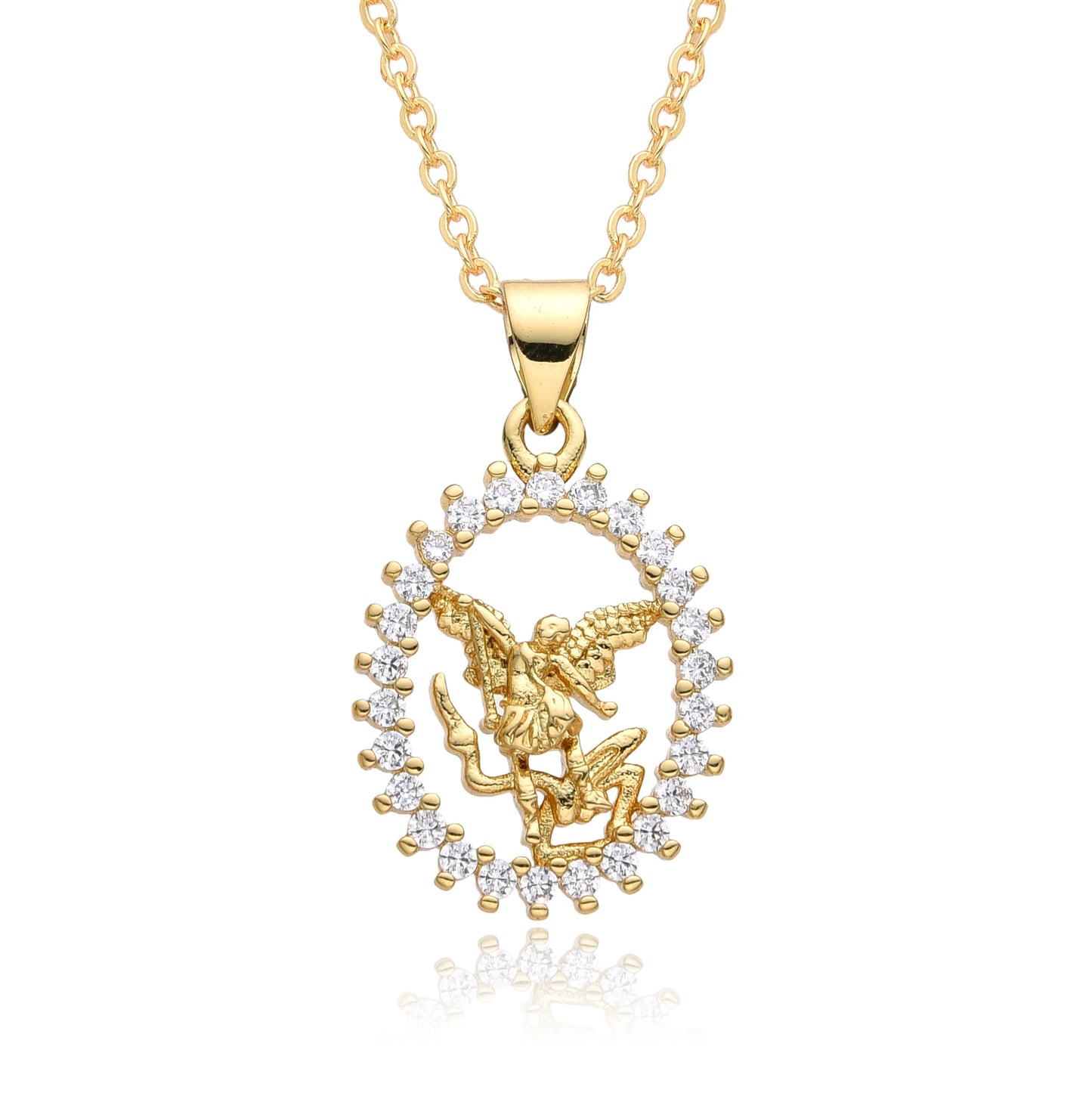 Pendentif Archange Saint Michel Doré – Médaille Religieuse Catholique avec Bord Coquillage et Zircons