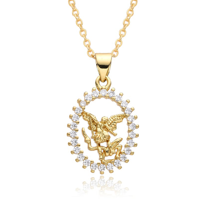 Pendentif Archange Saint Michel Doré – Médaille Religieuse Catholique avec Bord Coquillage et Zircons