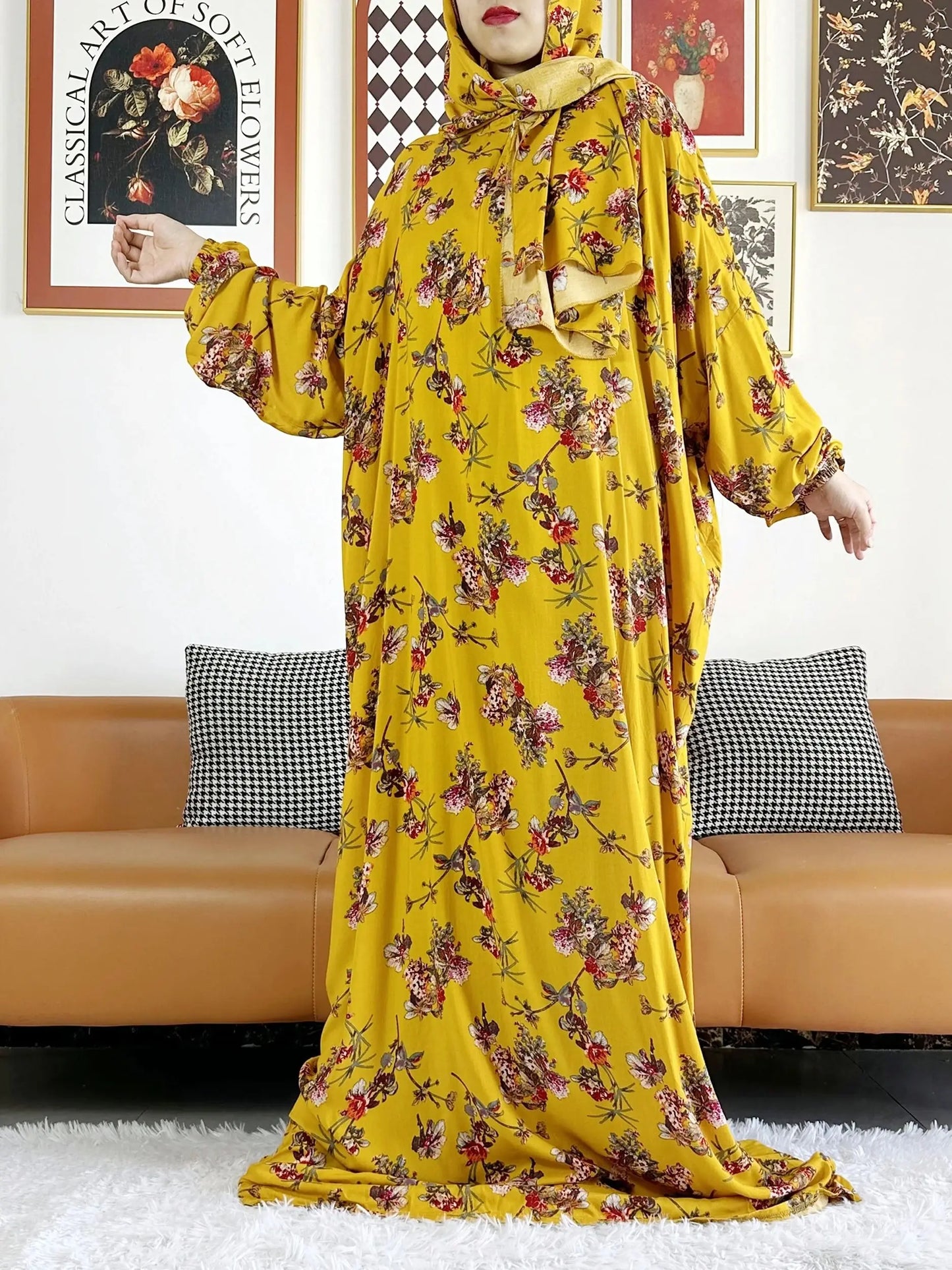 Abaya longue 6XL en coton avec hijab intégré – Robe de prière Ramadan