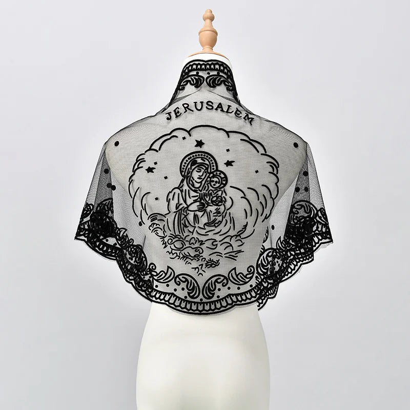 Voile de messe catholique femme en dentelle brodée – foulard Vierge Marie pour prière et église