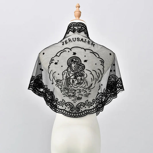 Voile de messe catholique femme en dentelle brodée – foulard Vierge Marie pour prière et église
