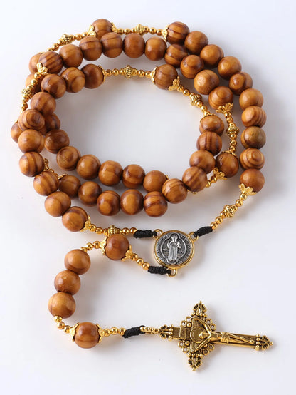 Collier Chapelet Catholique Vintage en Bois – 59 Perles 10 mm avec Croix, Fait Main