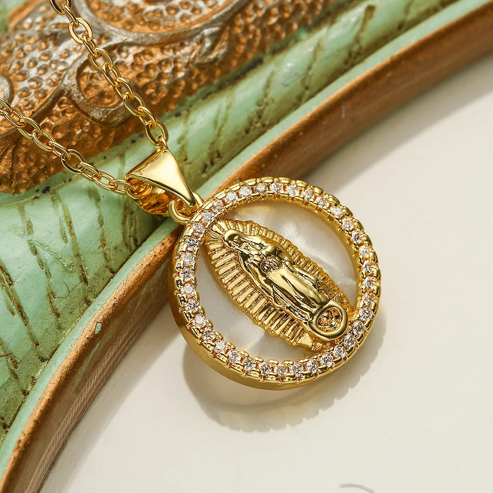 NEWBUY Hochwertiger Damenschmuck religiöser Art aus Kupfer mit Zirkonia-Einlage, Jungfrau-Maria-Anhänger, Edelstahlhalskette