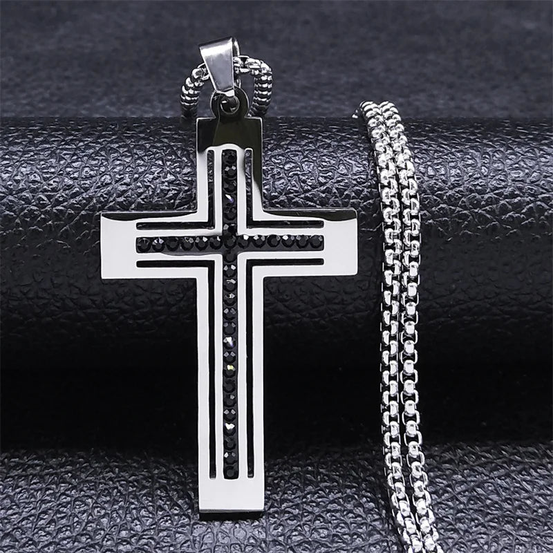 Collier catholique doré avec pendentif croix en cristal – Acier inoxydable, femme et homme