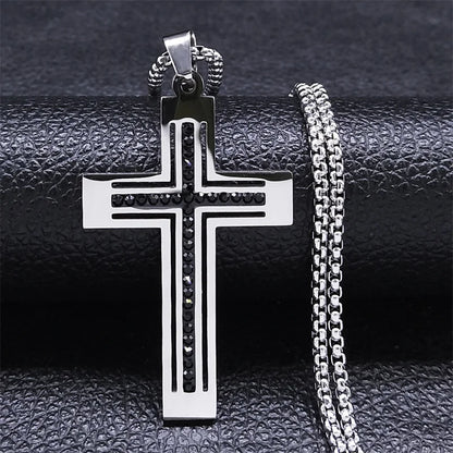 Collier catholique doré avec pendentif croix en cristal – Acier inoxydable, femme et homme