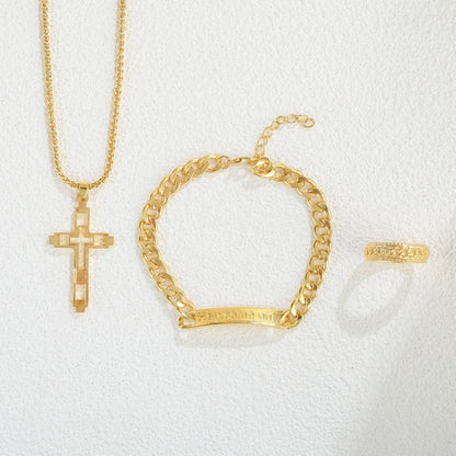 Parure Croix 3 Pièces en Acier Inoxydable – Collier, Bracelet & Bague