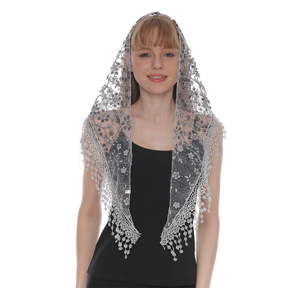 Voile mantille catholique femme en dentelle brodée – châle de prière, église et mariage