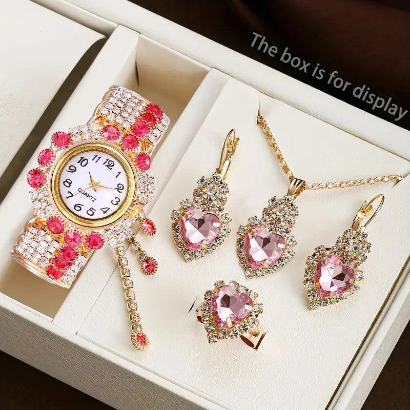 Coffret Montre Femme Strass 5 Pièces – Montre Quartz & Bijoux