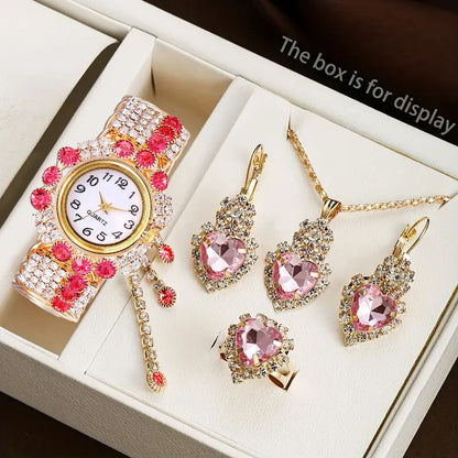 Coffret Montre Femme Strass 5 Pièces – Montre Quartz & Bijoux