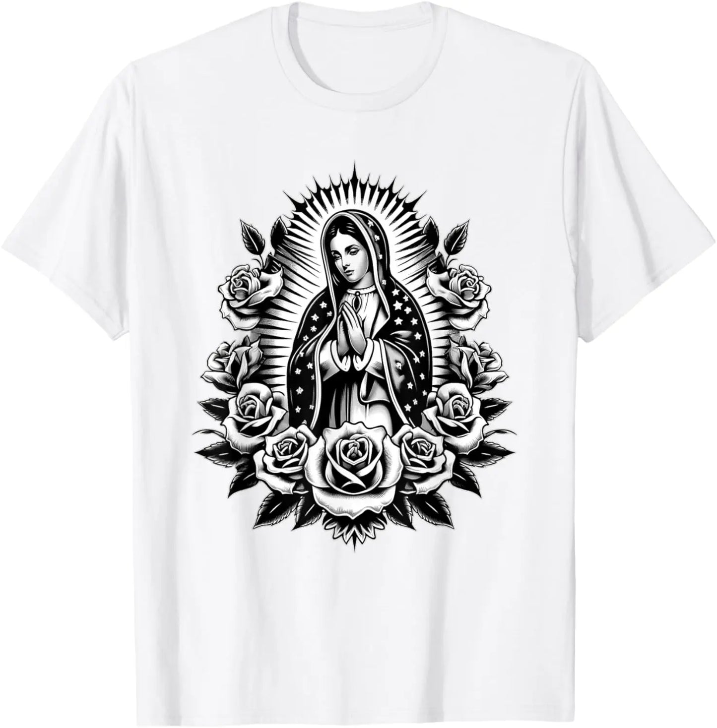 T-shirt Vierge de Guadalupe et roses – imprimé catholique floral pour homme