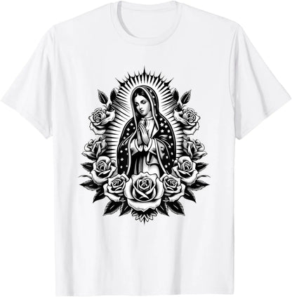 T-shirt Vierge de Guadalupe et roses – imprimé catholique floral pour homme