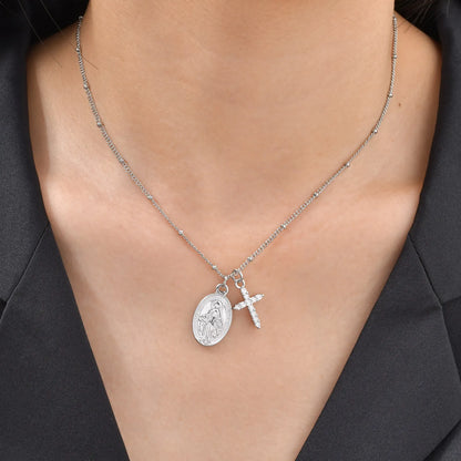 Collier Vierge Marie avec croix en zircon – bijou religieux pour femme