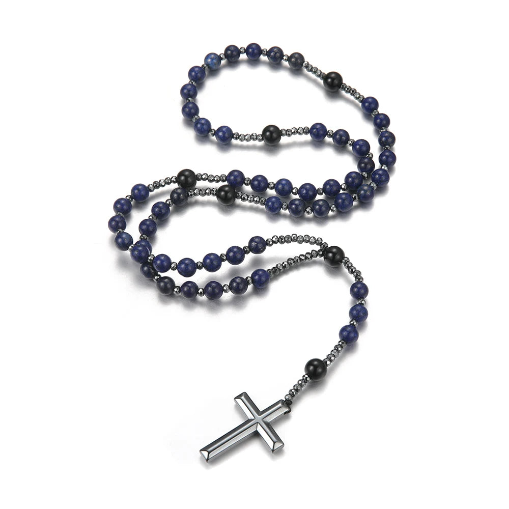 Rosenkranzkette aus blauen Steinen mit Kreuz – religiöser Unisex-Schmuck