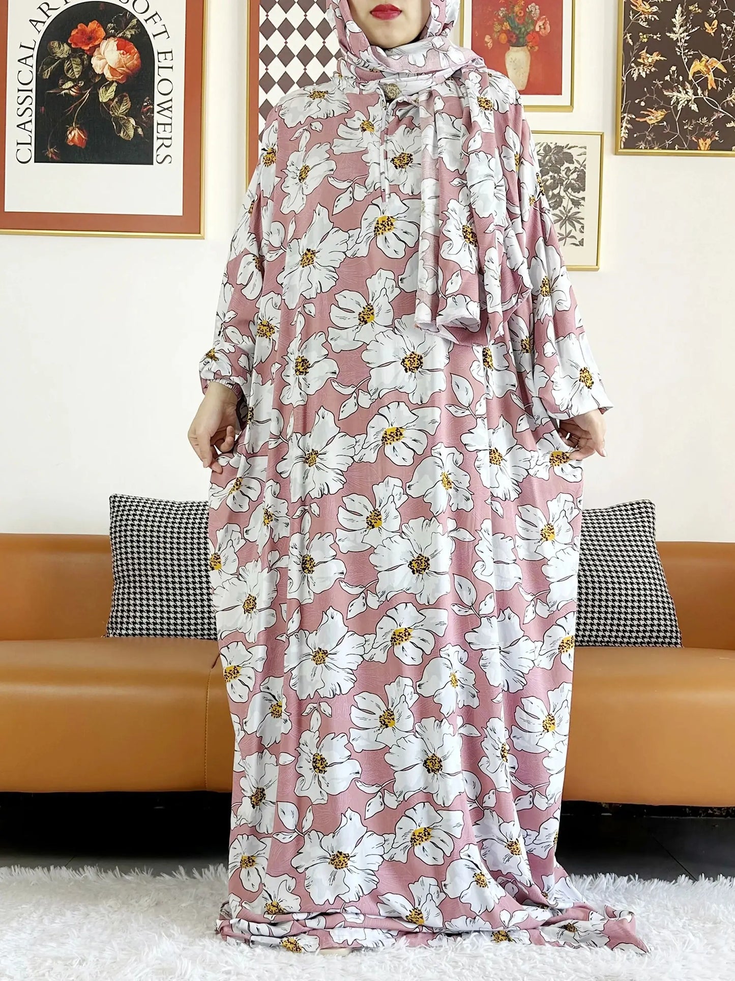 Abaya longue 6XL en coton avec hijab intégré – Robe de prière Ramadan