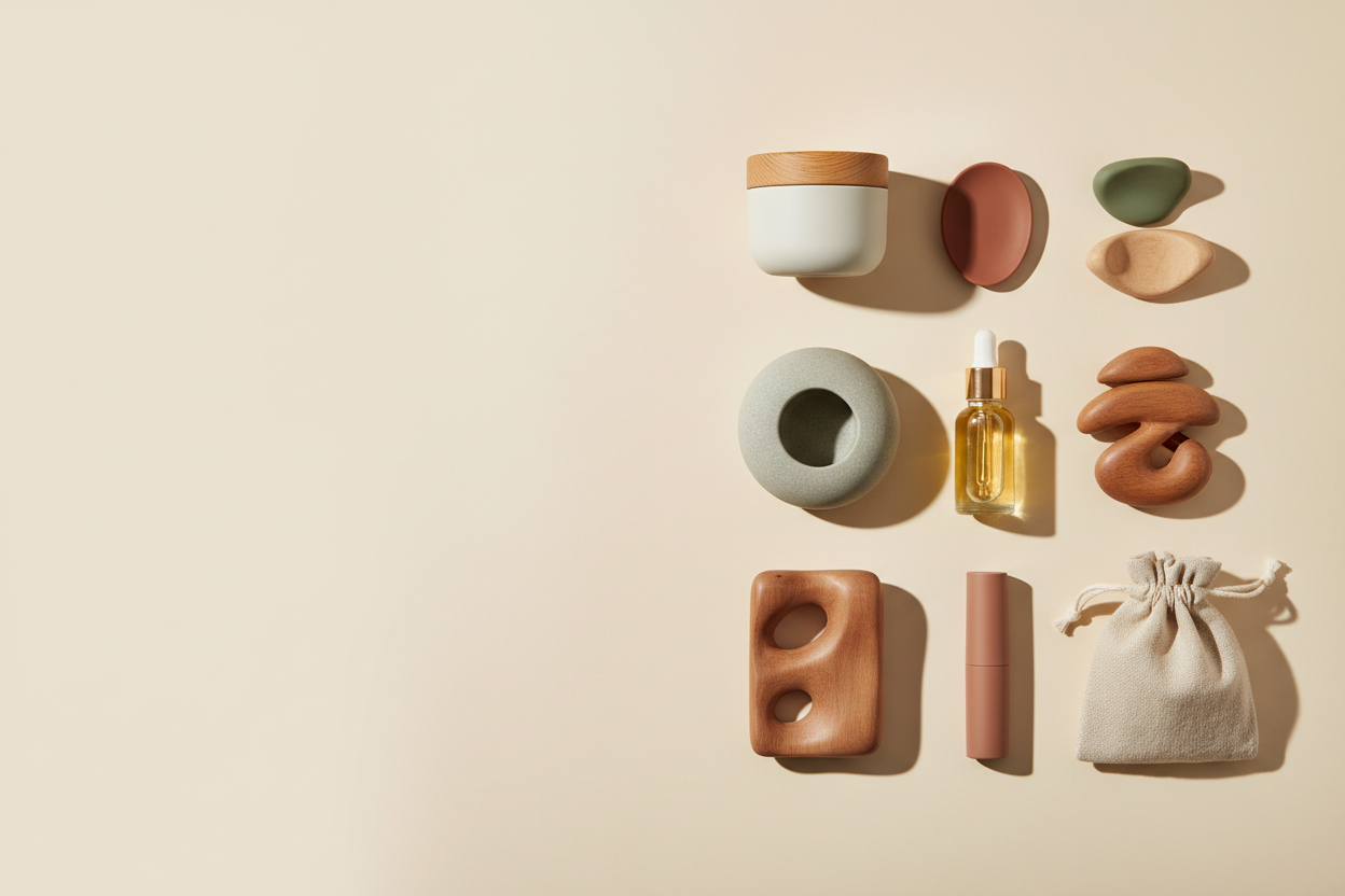 modern minimal lifestyle flat-lay. A clean composition with a few products inspired by these references, arranged neatly on a soft neutral background (warm off-white / light beige), subtle shadows, premium feel, high-end studio lighting. Leave large empty negative space on the left for headline and buttons. Mood: calm, trustworthy, modern. Visual hints for collections: {{NOM_COLLECTION_1}}, {{NOM_COLLECTION_2}}, {{NOM_COLLECTION_3}} (use shapes/colors that suggest them, not literal text). No text, no waterm